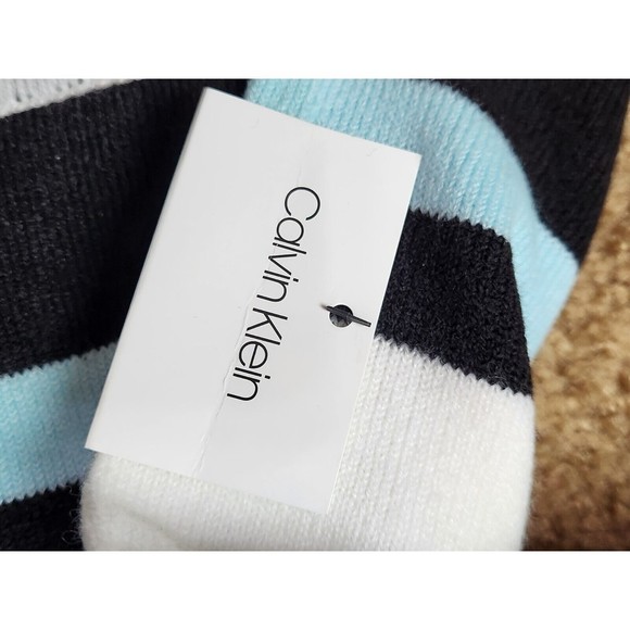 Calvin Klein Men’s Blue Black White Logo Spell Out Fringe Thick Scarf 9" X 74" - Picture 9 of 11